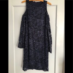 Cold shoulder navy sequined knee-length. Worn 1x